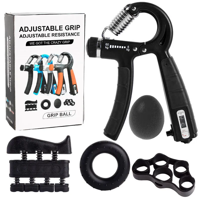 Adjustable count spring grip five-piece set with black and blue hand trainers on a white background