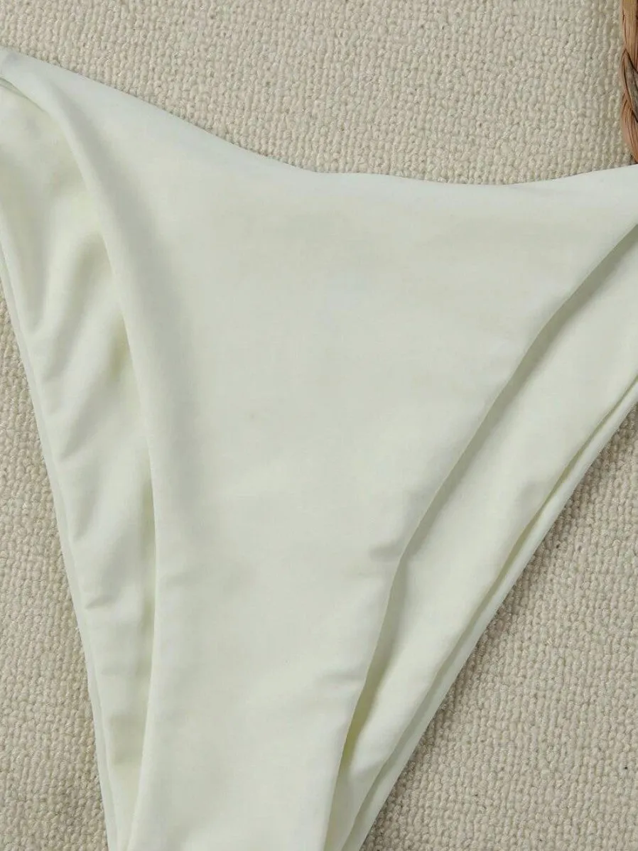 Women's pure colour nylon bikini set in milky white, briefs style, sizes S M L