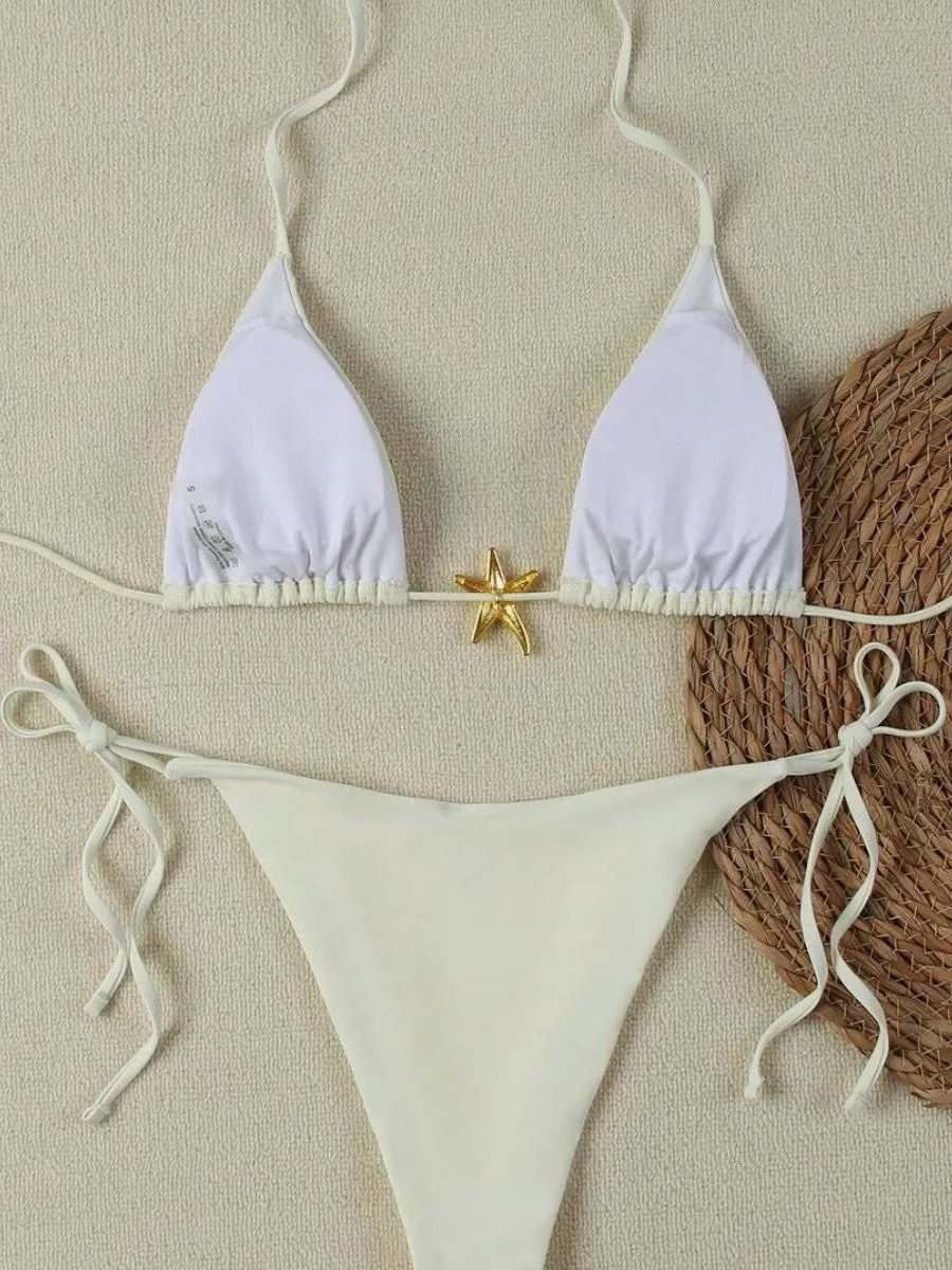 Women's pure colour nylon bikini set in milky white, briefs style, sizes S M L