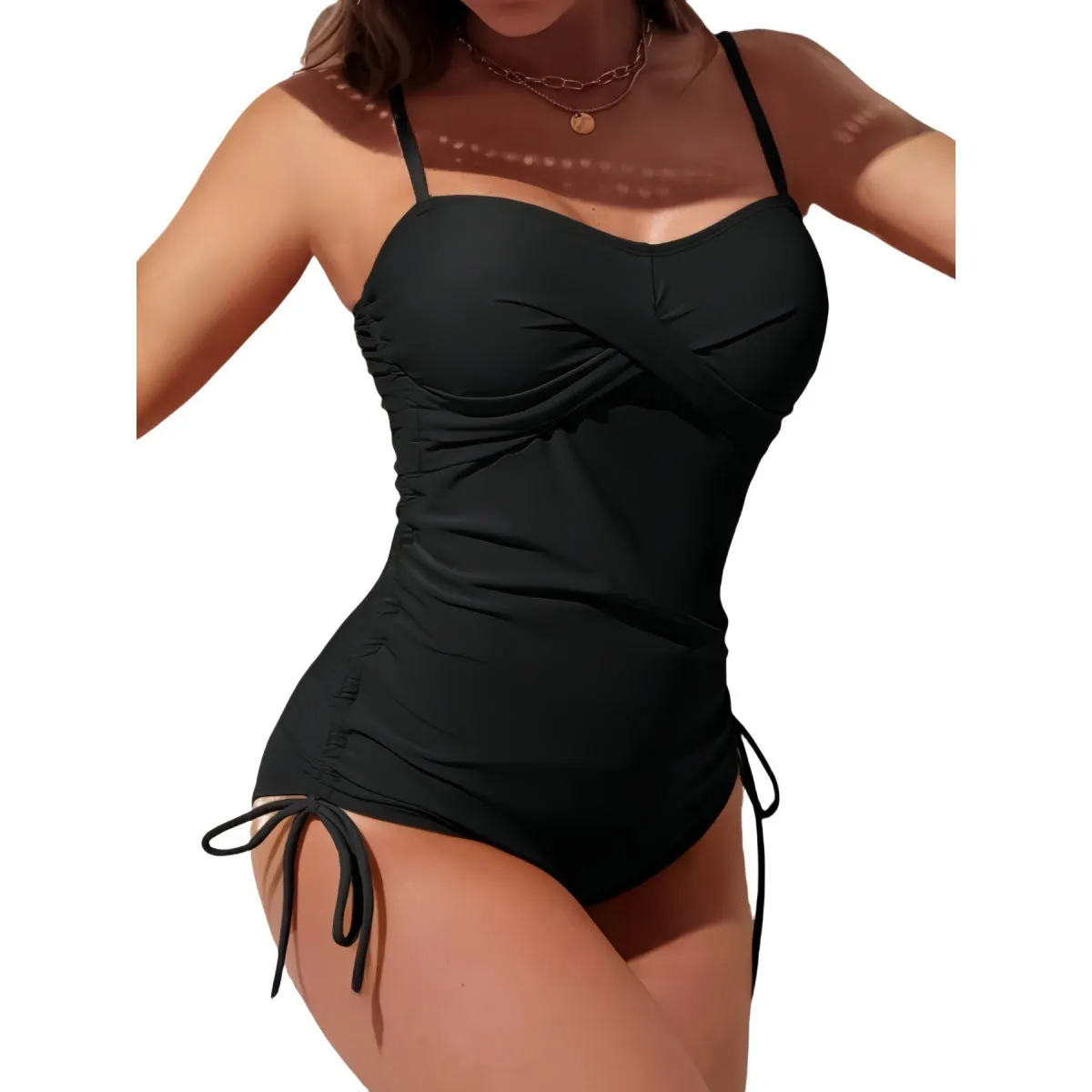 Women's solid colour nylon one-piece swimsuit in yellow with high waist and backless style