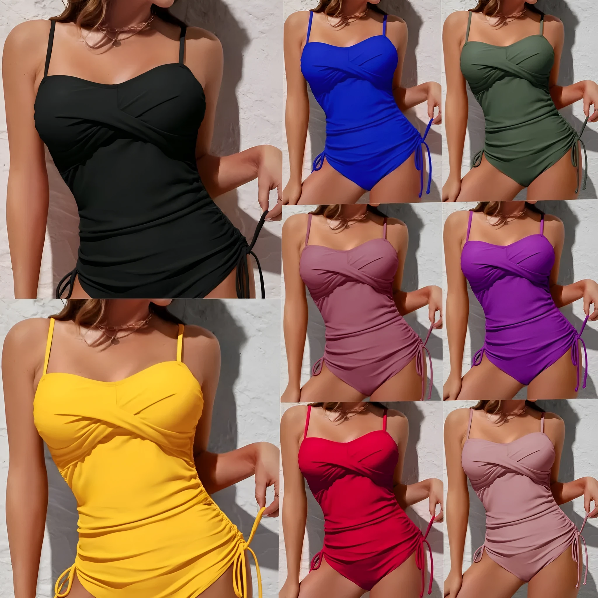 Women's solid colour nylon one-piece swimsuit in yellow with high waist and backless style