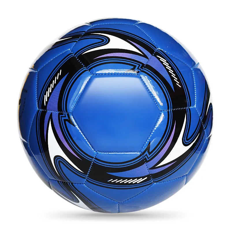PVC machine-seam football in multiple sizes and colours including Tornado Blue, Black And White, and Red Dragon Roll designs.