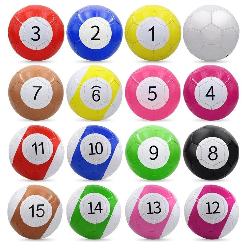 PVC machine-seam football in multiple sizes and colours including Tornado Blue, Black And White, and Red Dragon Roll designs.