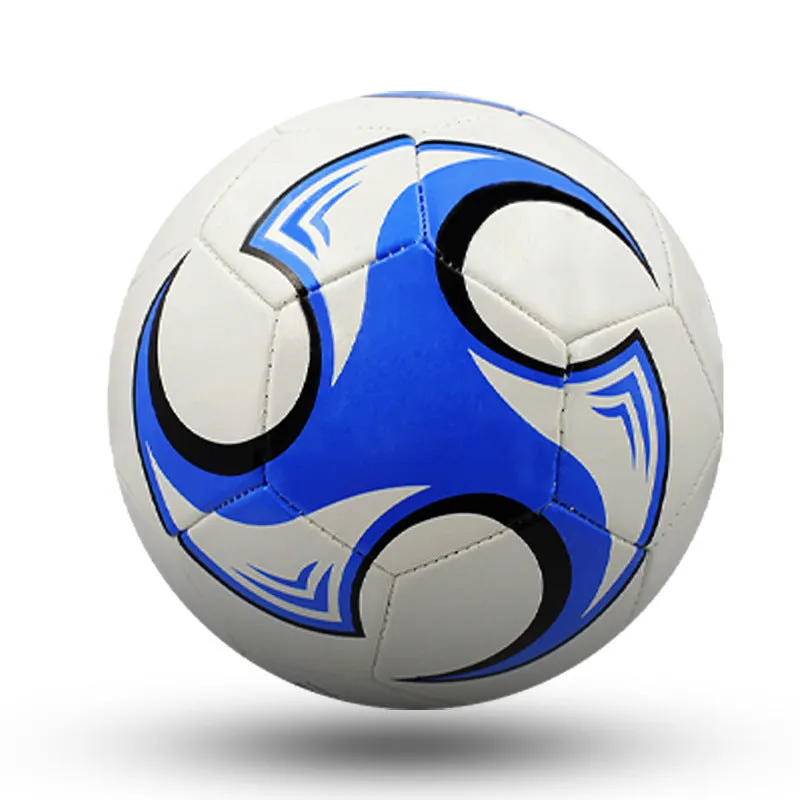 PVC machine-seam football in multiple sizes and colours including Tornado Blue, Black And White, and Red Dragon Roll designs.