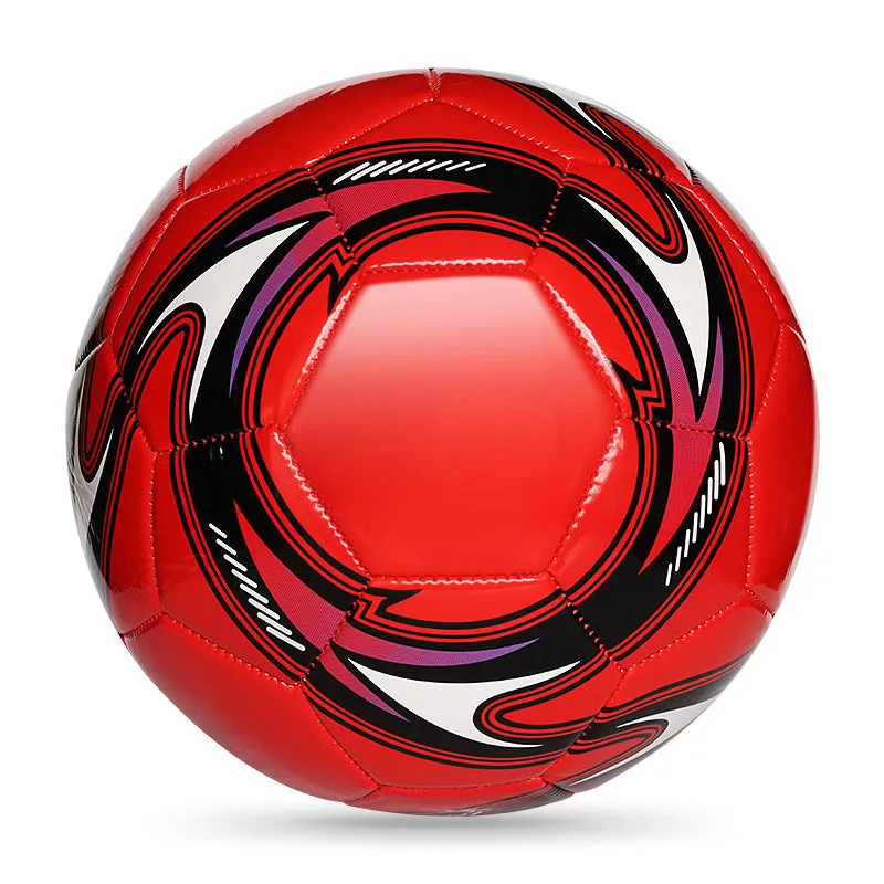 PVC machine-seam football in multiple sizes and colours including Tornado Blue, Black And White, and Red Dragon Roll designs.