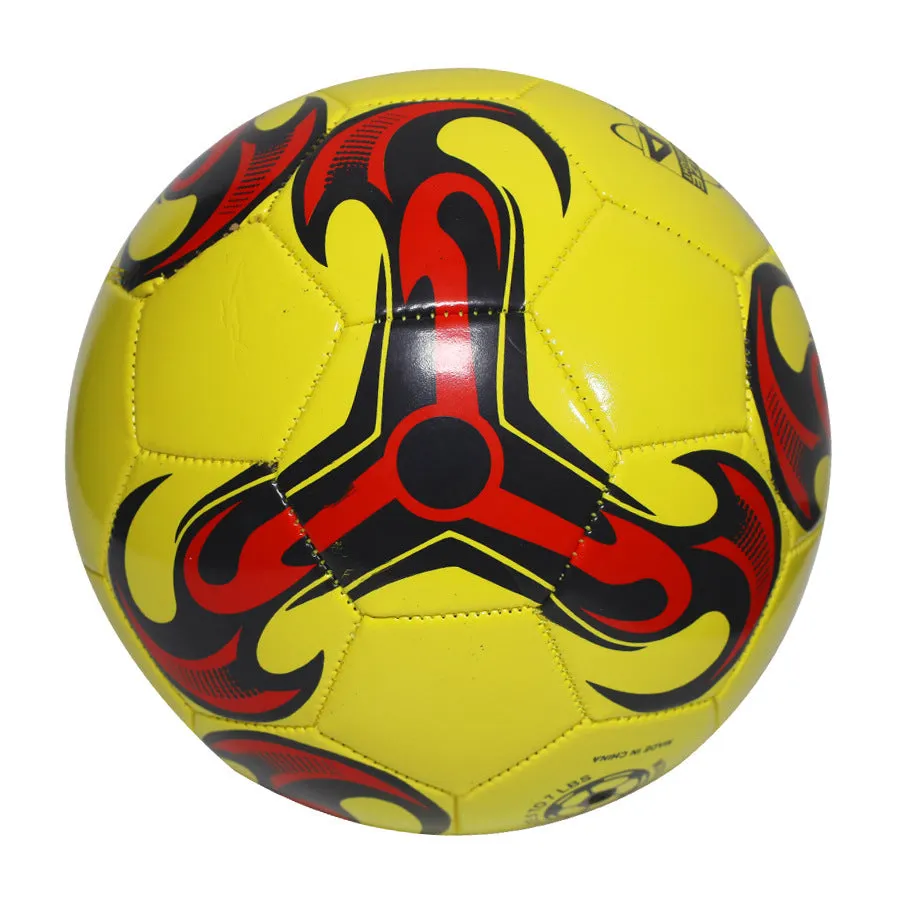 PVC machine-seam football in multiple sizes and colours including Tornado Blue, Black And White, and Red Dragon Roll designs.
