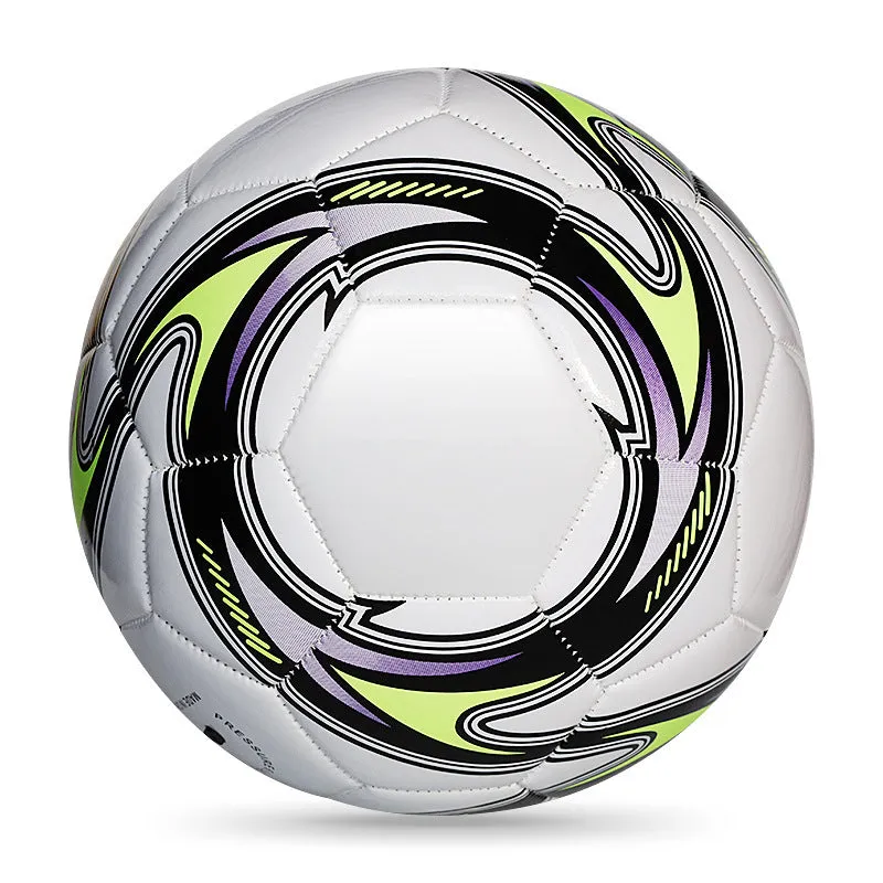PVC machine-seam football in multiple sizes and colours including Tornado Blue, Black And White, and Red Dragon Roll designs.