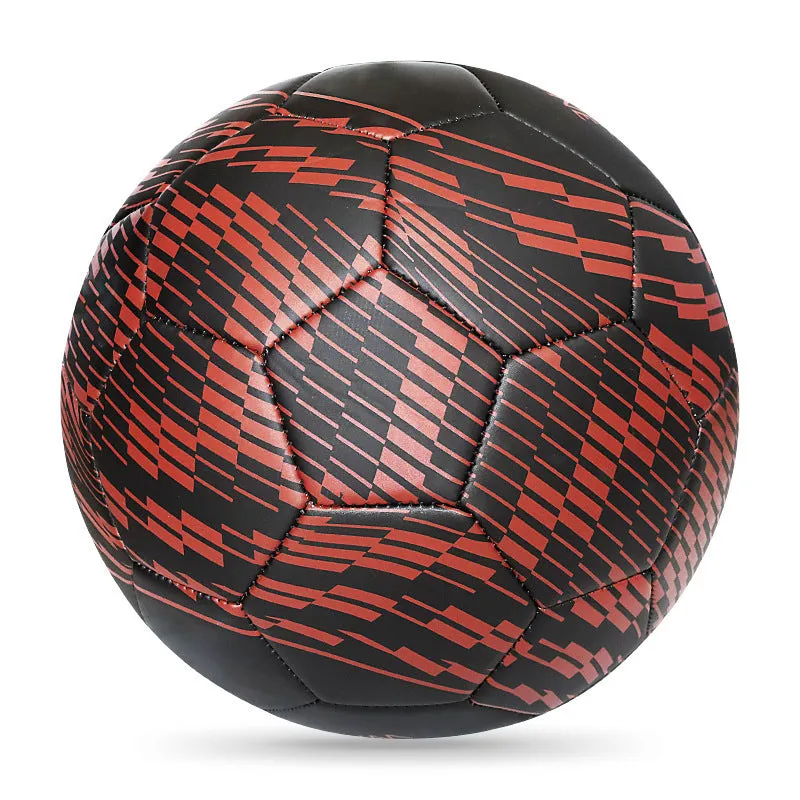 PVC machine-seam football in multiple sizes and colours including Tornado Blue, Black And White, and Red Dragon Roll designs.