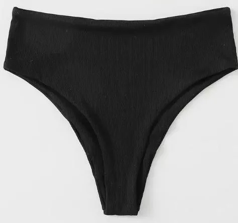 Women's black rose high waist bikini set with tube top and backless swim trunks on model