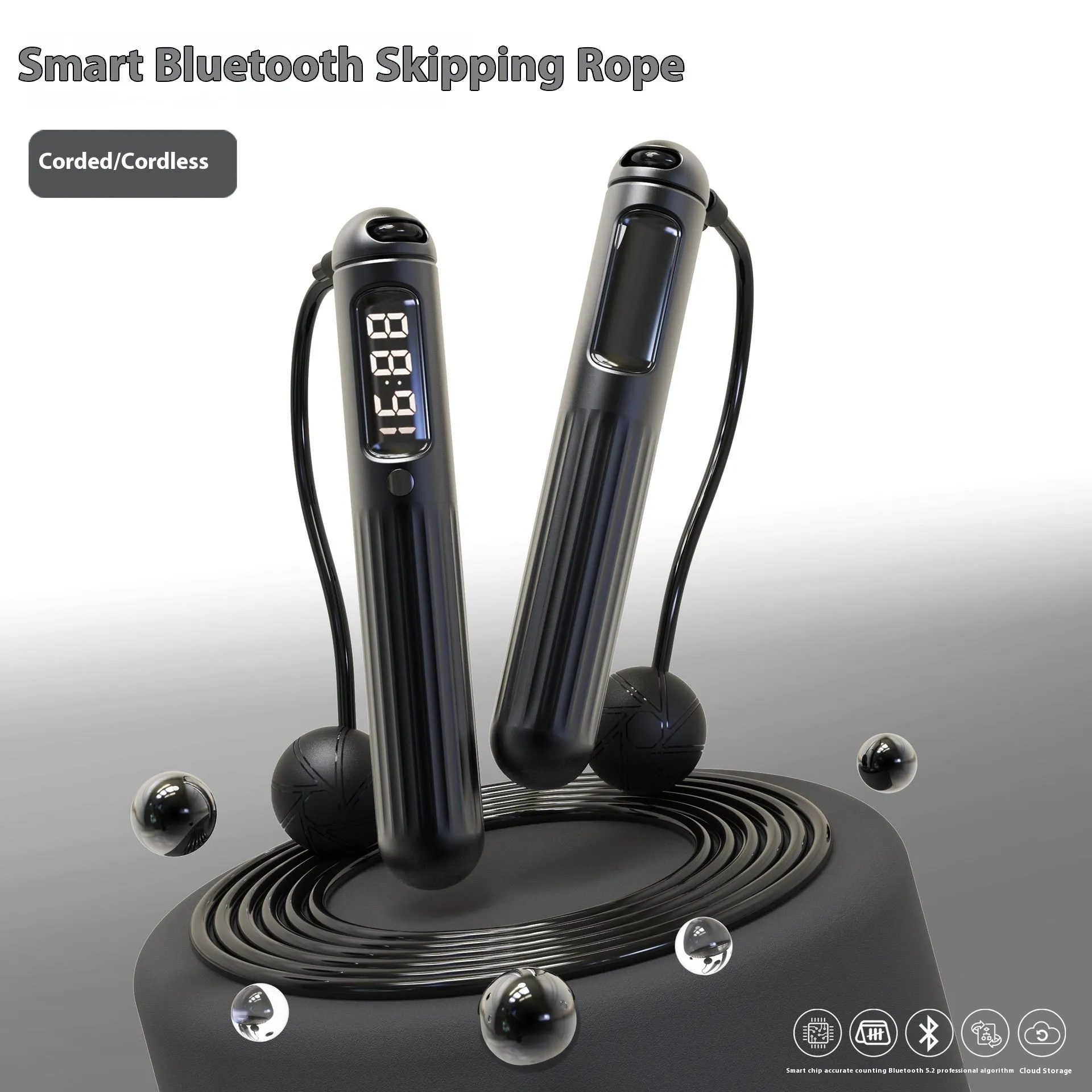 Smart Bluetooth skipping rope with counter and weight bearing ball in A8 black colour
