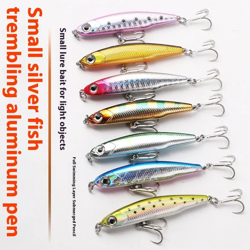 Five small silver pencil fishing lures with double hooks and a storage box in multiple weights 1.3g to 13g