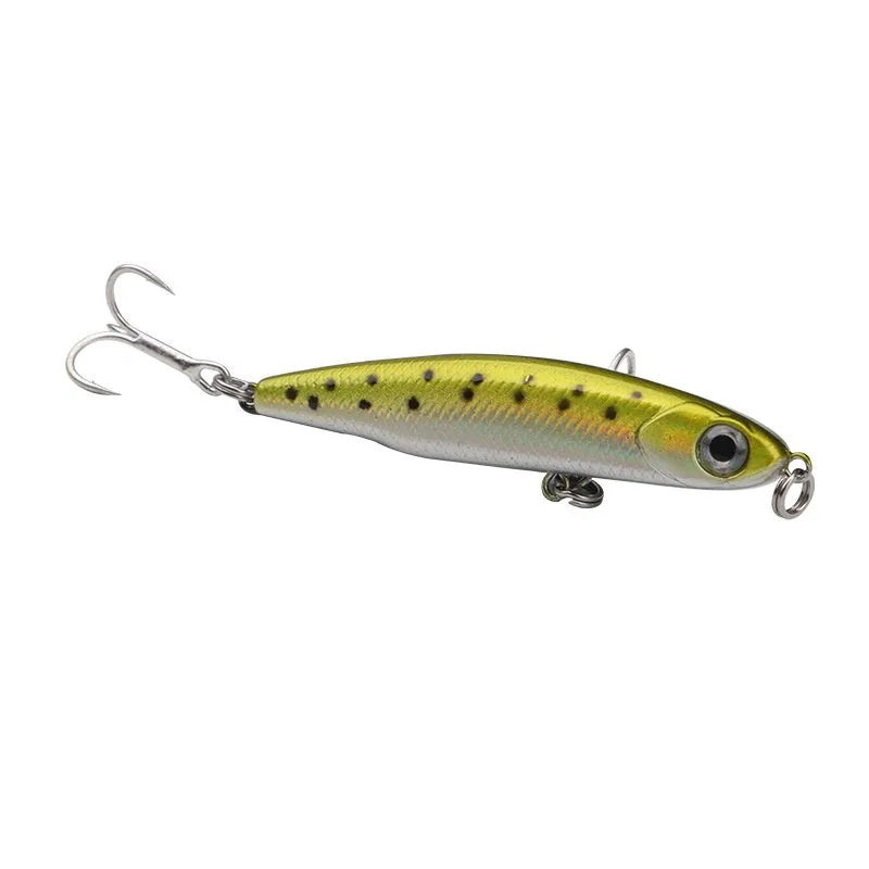 Five small silver pencil fishing lures with double hooks and a storage box in multiple weights 1.3g to 13g