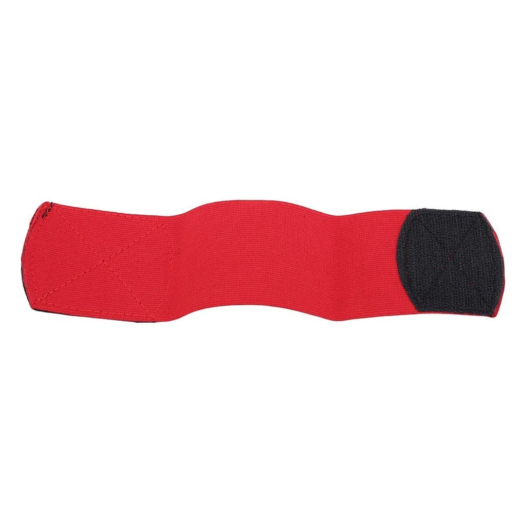 Red elastic rubber strap for securing football shin guards, shown at approximate size.