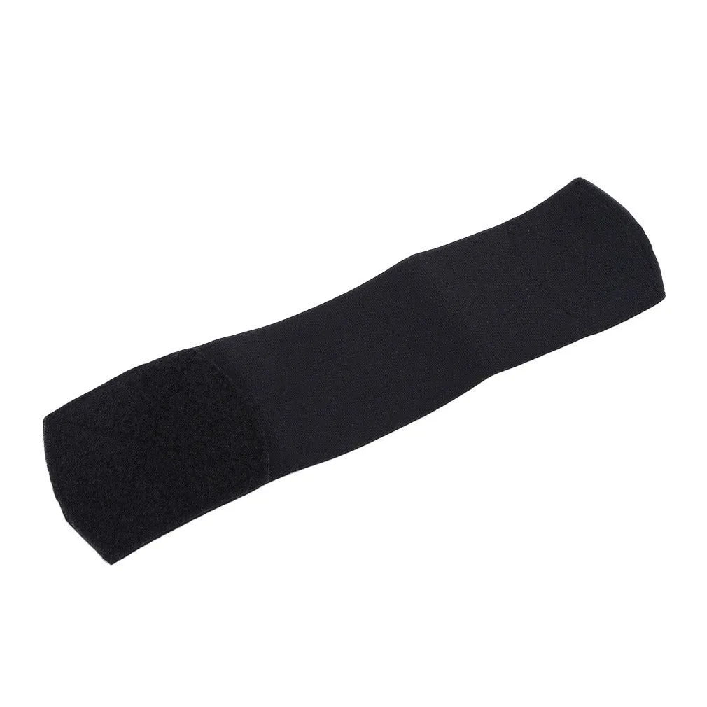 Red elastic rubber strap for securing football shin guards, shown at approximate size.