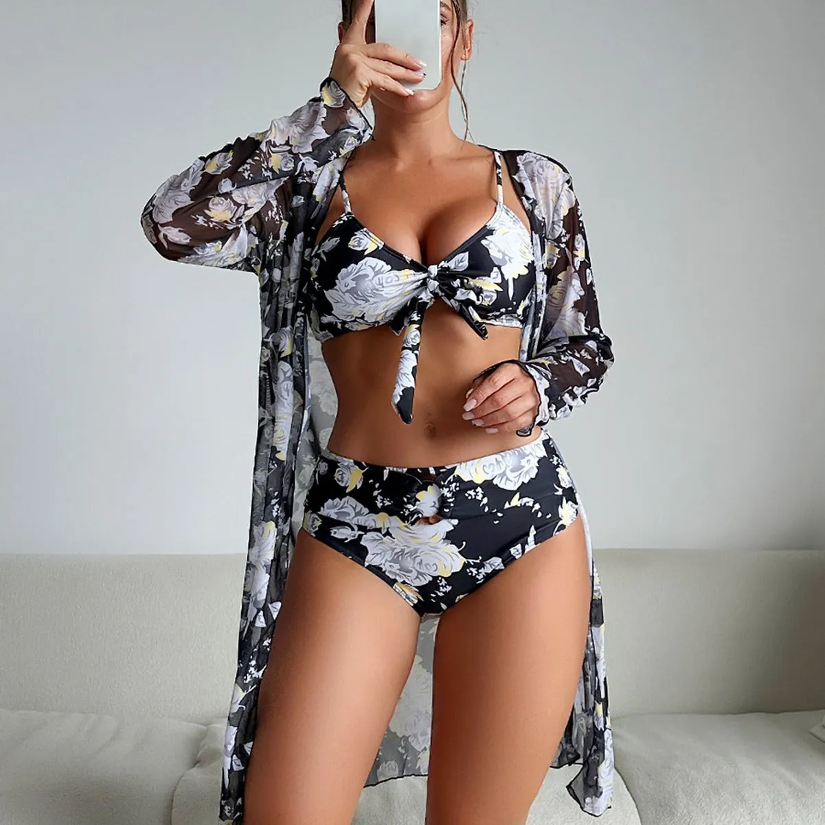 Women's three-piece multicolour printed bikini swimsuit set in polyester with high elasticity for swimming