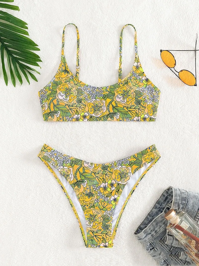 New printed polyester sling bikini set in peacock blue with brief bottoms, front view