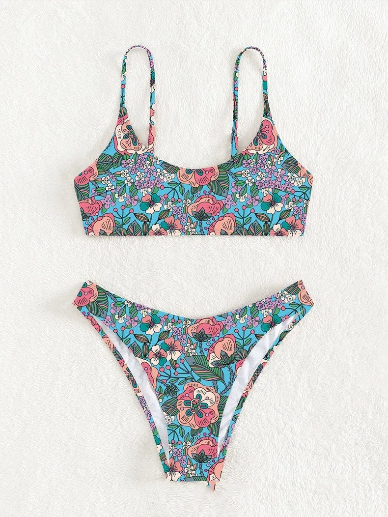 New printed polyester sling bikini set in peacock blue with brief bottoms, front view