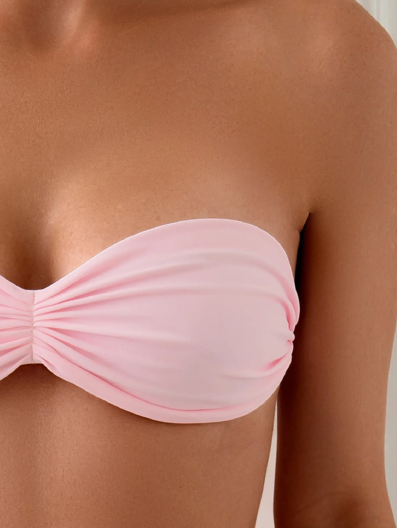 Pink women's split tube top pleated lace-up bikini swimsuit set with nylon fabric