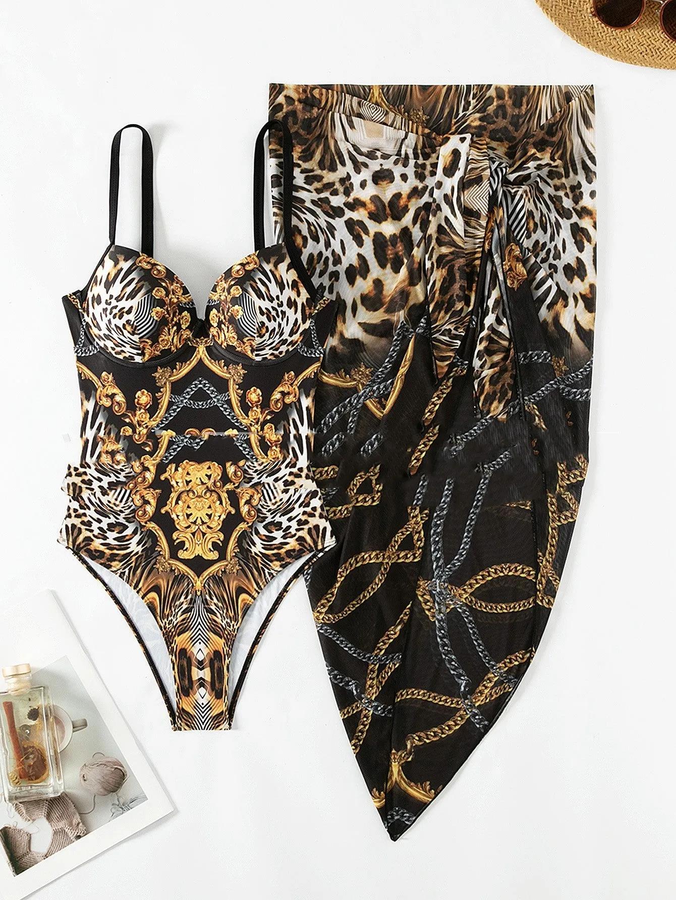 Black double shoulder steel bracket gather thin split bikini suit for women polyester swimwear