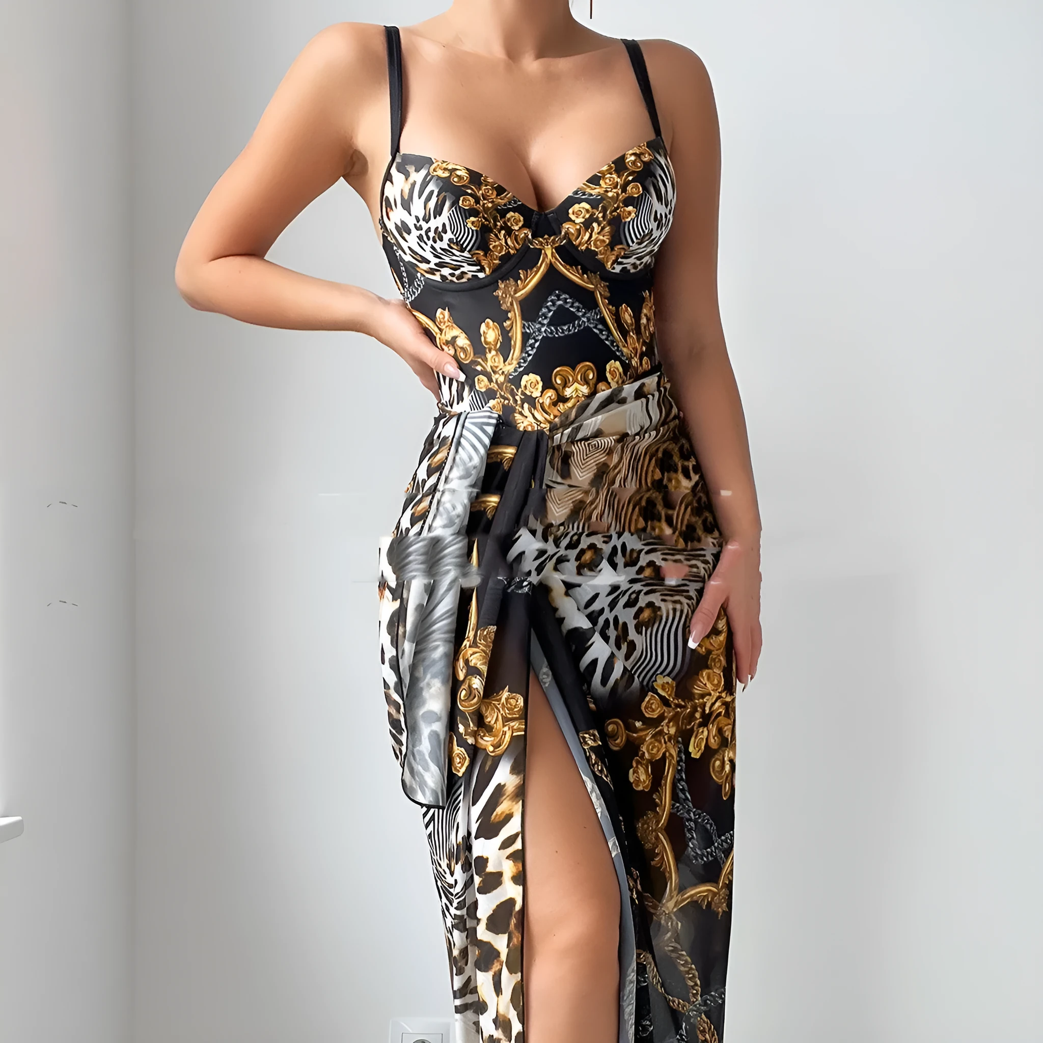 Black double shoulder steel bracket gather thin split bikini suit for women polyester swimwear