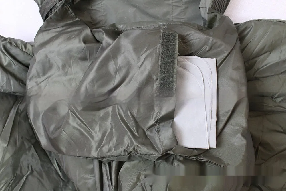 Removable overcoat mummy sleeping bag in army green for cold weather camping