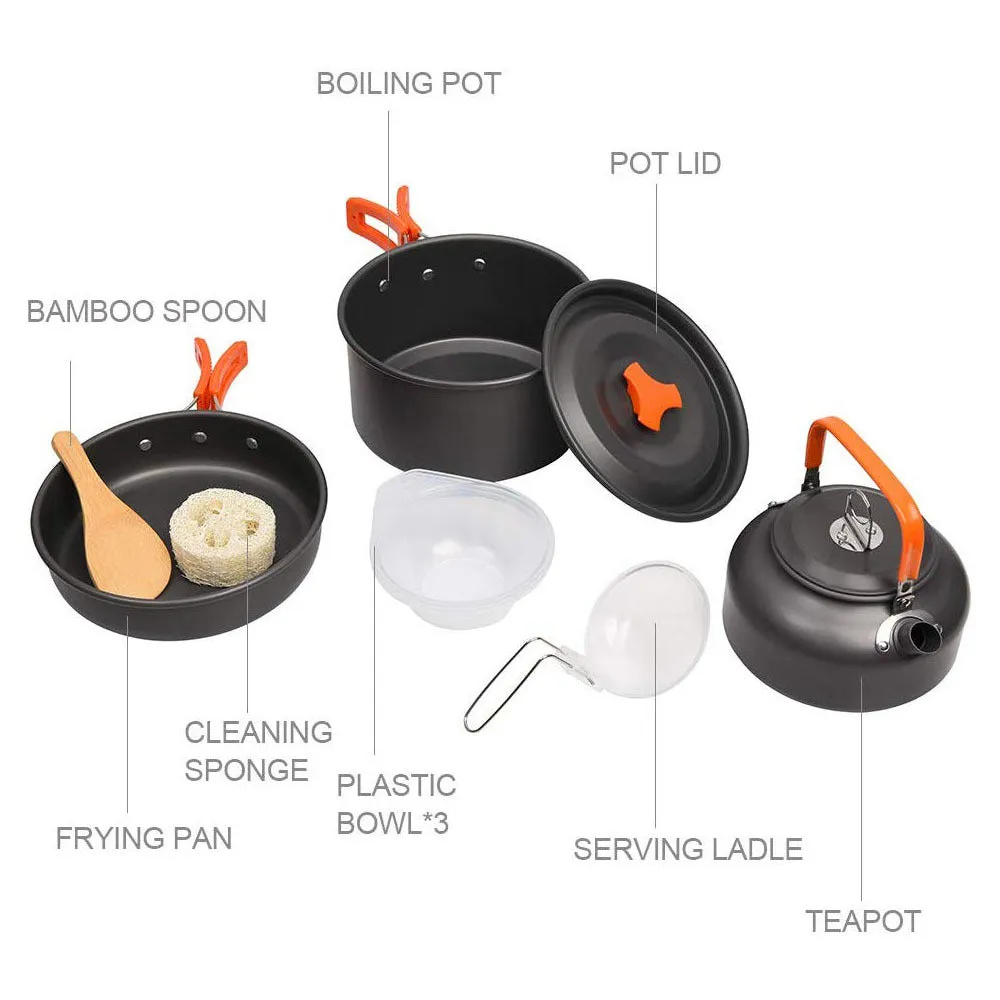 Orange camping cookware set with aluminium pots, pan, and utensils in a mesh bag