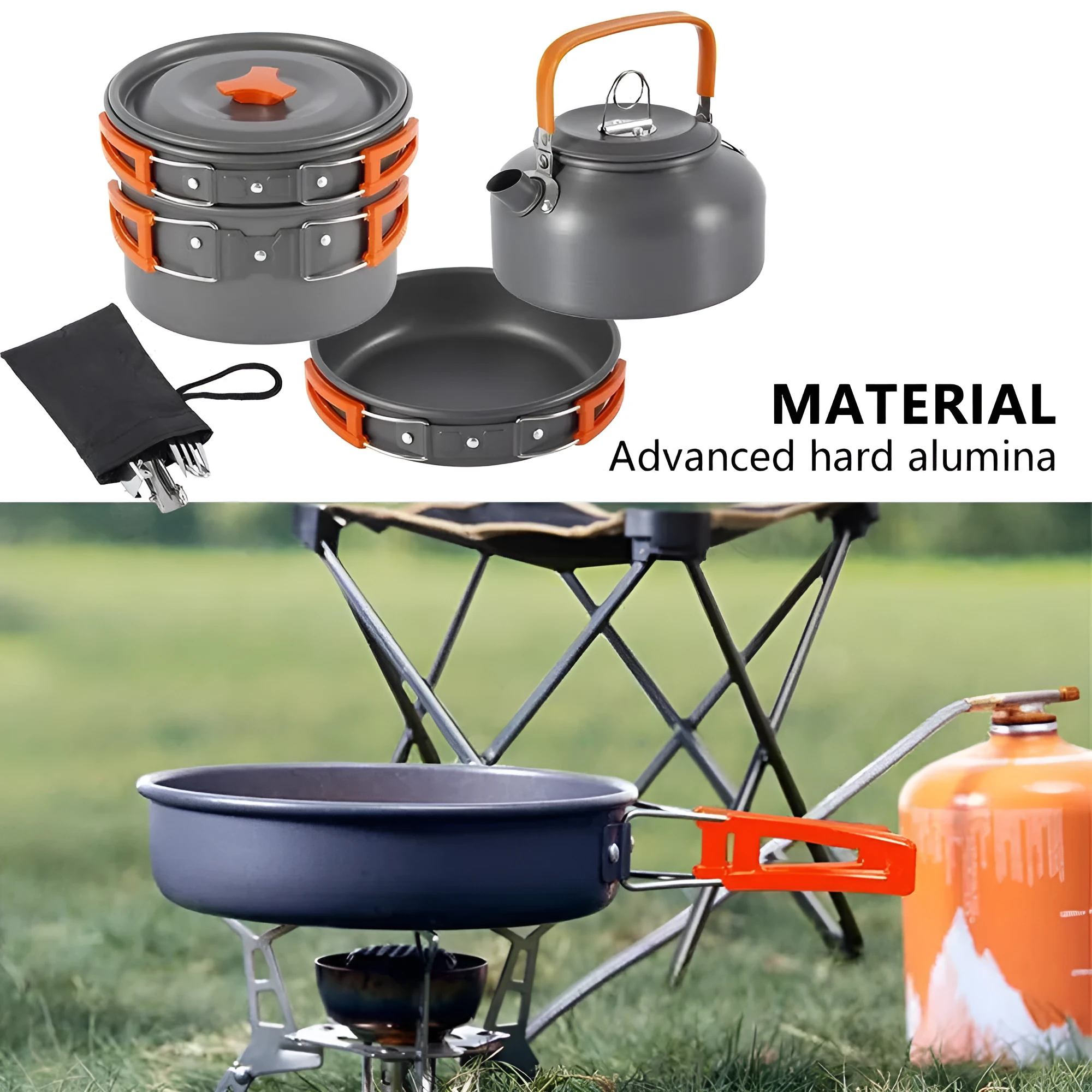 Orange camping cookware set with aluminium pots, pan, and utensils in a mesh bag