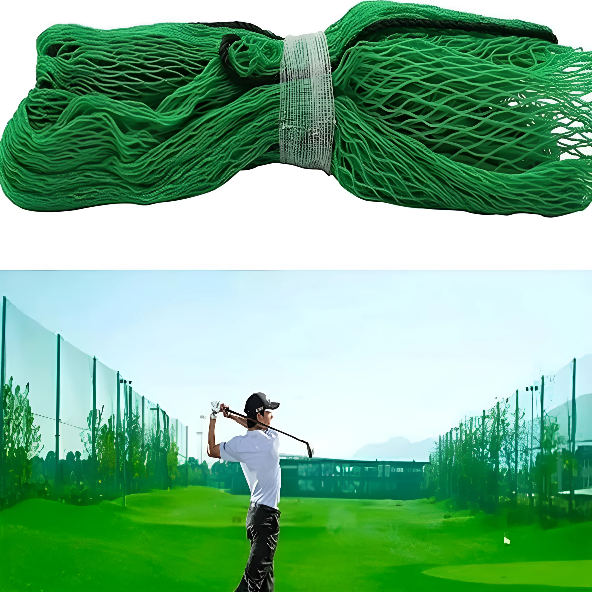 Polyethylene golf practice net in black on grass, with training balls visible