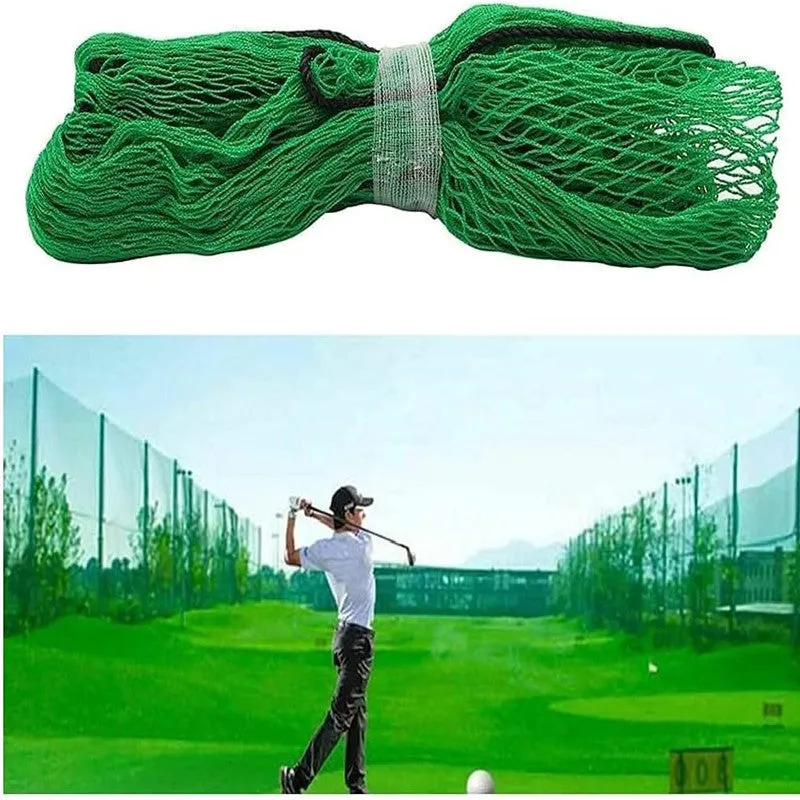 Polyethylene golf practice net in black on grass, with training balls visible