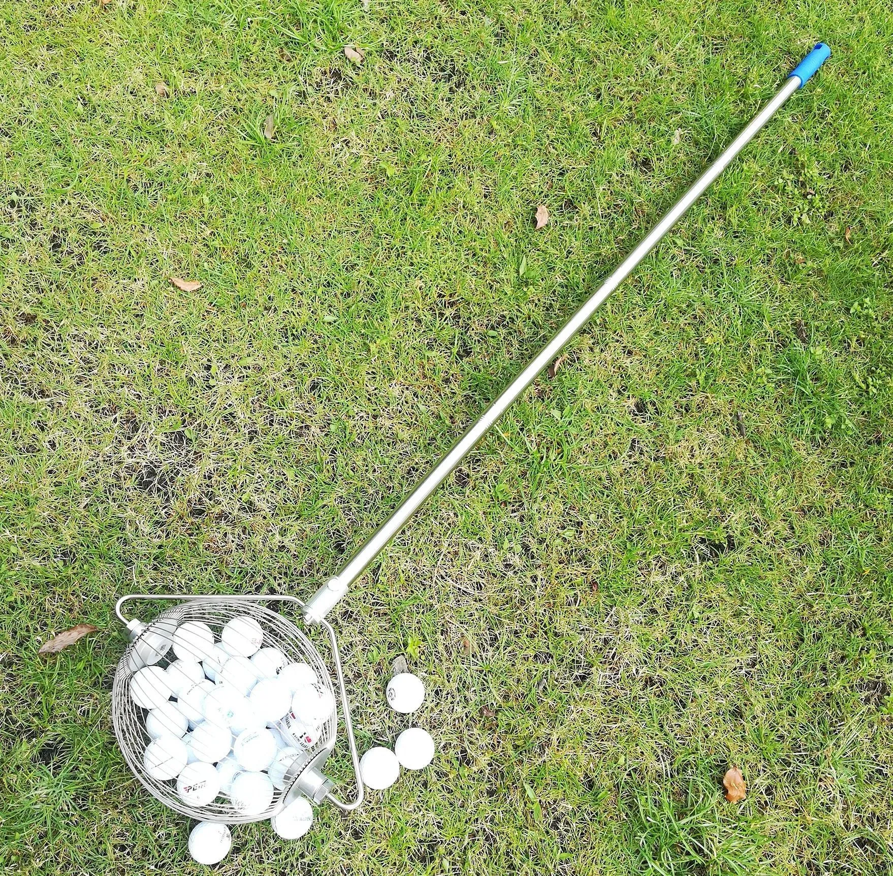 Metallic silver stainless steel golf ball picker with 40cm shaft and 9cm collection head
