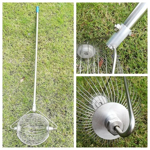 Metallic silver stainless steel golf ball picker with 40cm shaft and 9cm collection head