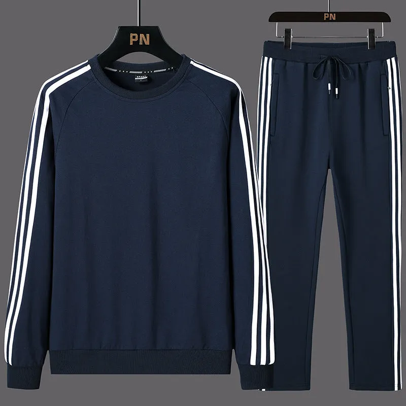 Men's two-piece casual sportswear suit in cotton blend, sweatshirt and sweatpants set, long sleeves, black colour, front view