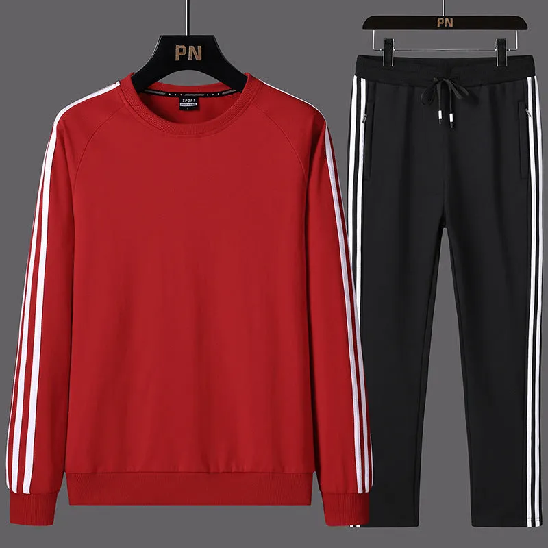 Men's two-piece casual sportswear suit in cotton blend, sweatshirt and sweatpants set, long sleeves, black colour, front view