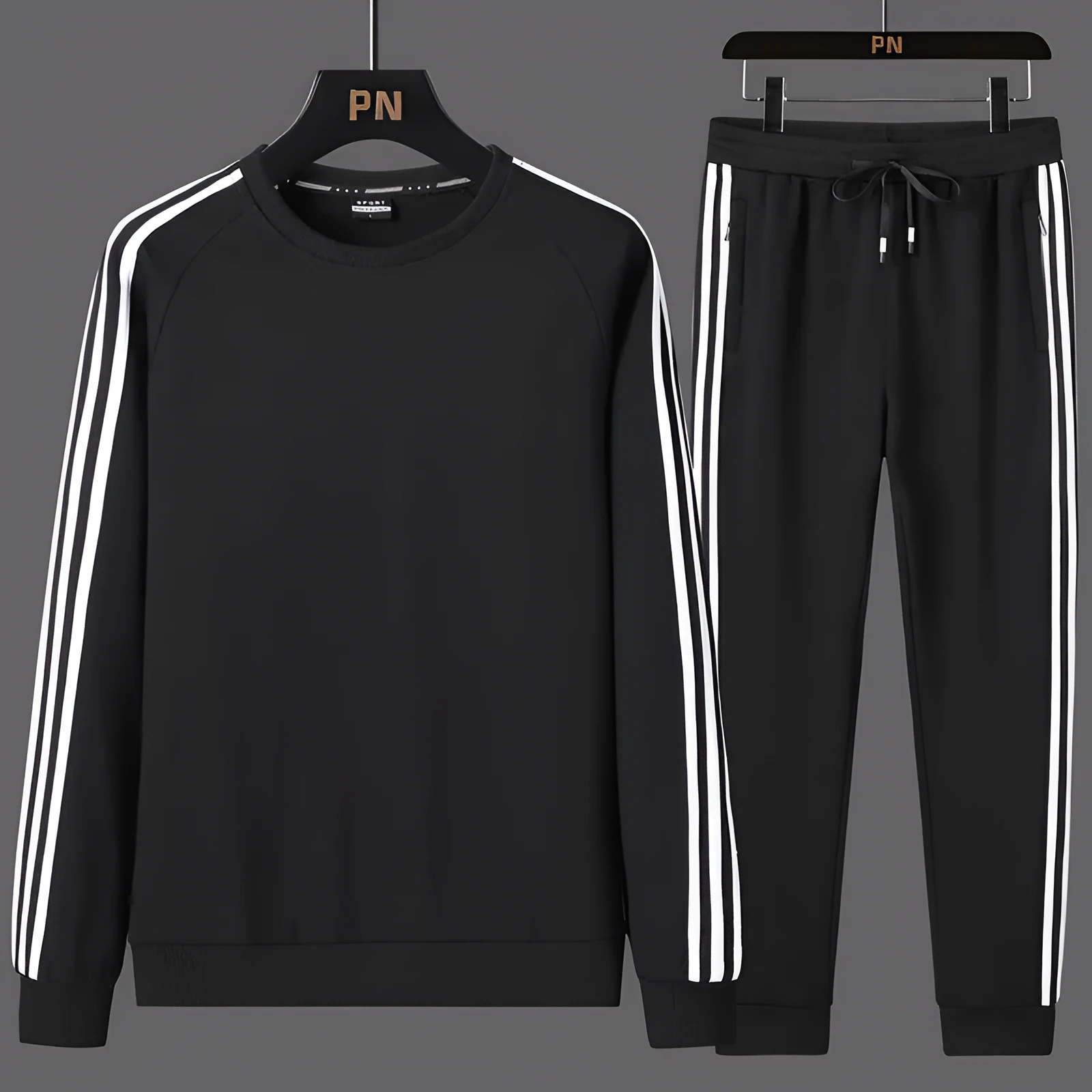 Men's two-piece casual sportswear suit in cotton blend, sweatshirt and sweatpants set, long sleeves, black colour, front view