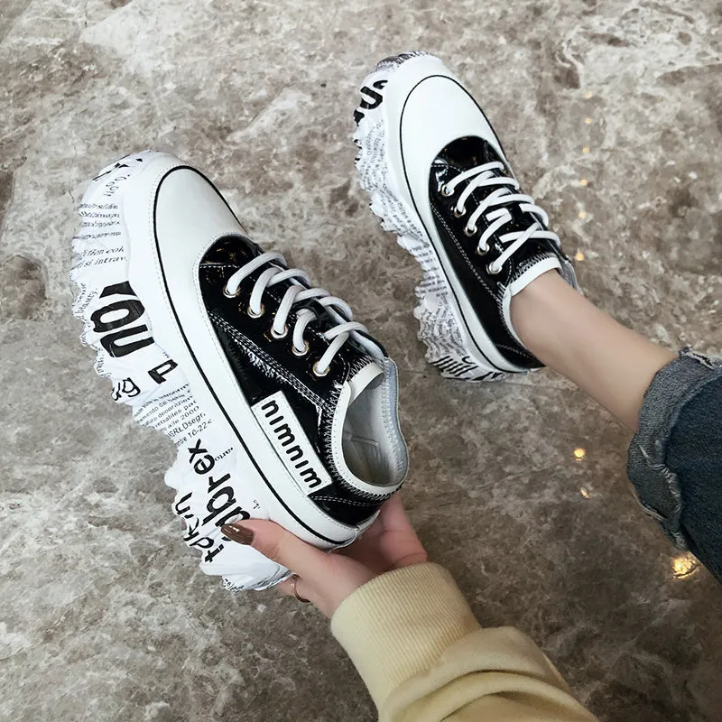 Trendy casual heightening sneakers in microfiber leather, solid colour black, newspaper trifle bottom outsole
