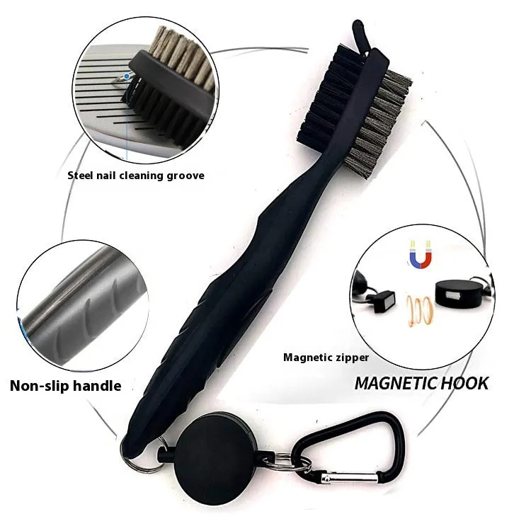 Golf club cleaning brush with magnetic snap button, stainless steel and PP wool bristles, black colour, without cover