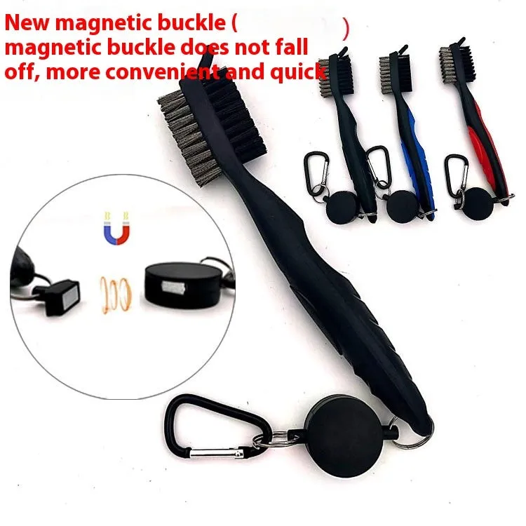 Golf club cleaning brush with magnetic snap button, stainless steel and PP wool bristles, black colour, without cover
