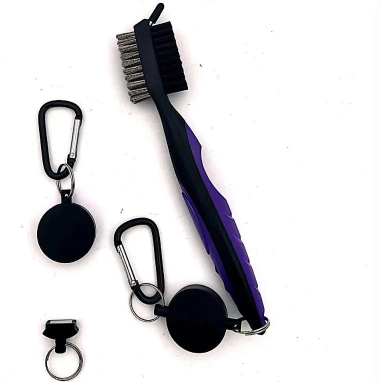 Golf club cleaning brush with magnetic snap button, stainless steel and PP wool bristles, black colour, without cover