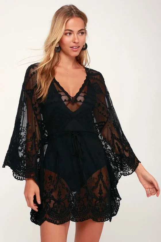 Women's lace swimsuit blouse hollow bikini one size black white front view