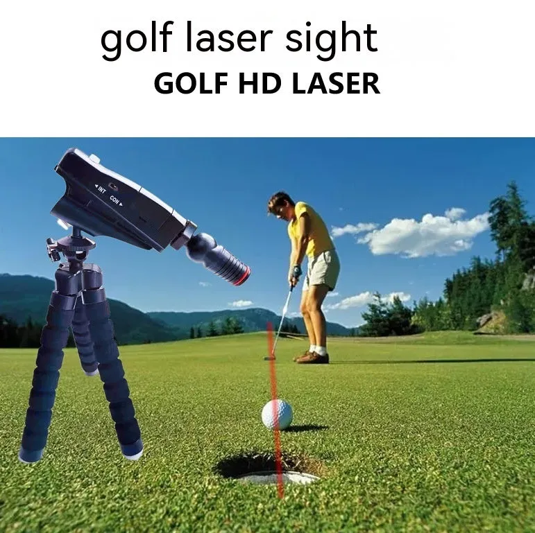 Golf putter laser aiming instrument showing laser dot alignment on a practice green.