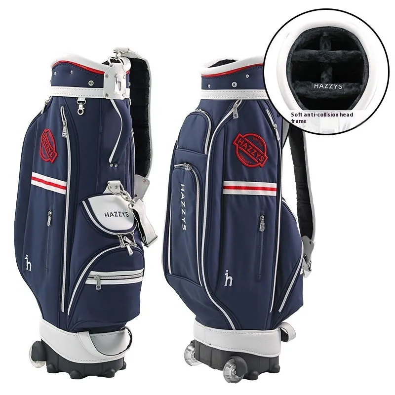 Dark blue pull rod golf bag with wheels and handle on a golf course