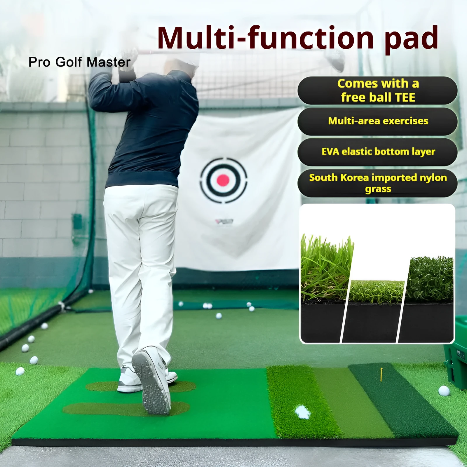 PGM multifunctional golf practice mat with plastic surface, available in 1x1.5m or 1.2x1.5m sizes
