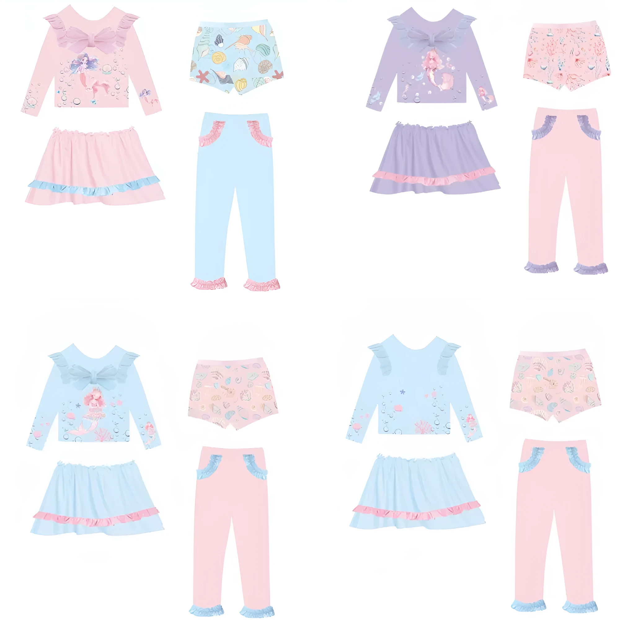 Girl's gilded mermaid swimsuit set with top, skirt, trousers, and shorts in various colours.