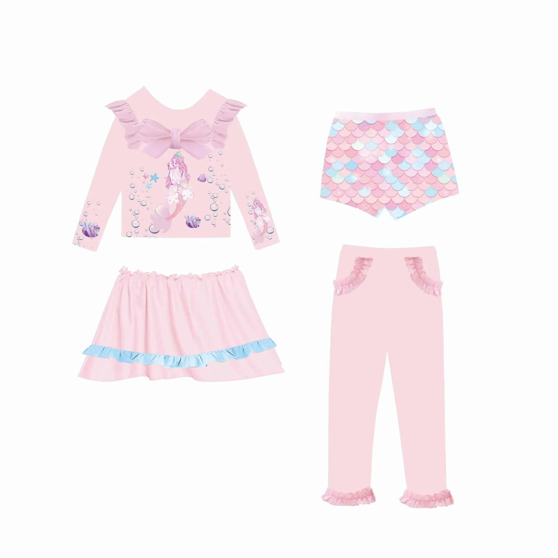 Girl's gilded mermaid swimsuit set with top, skirt, trousers, and shorts in various colours.