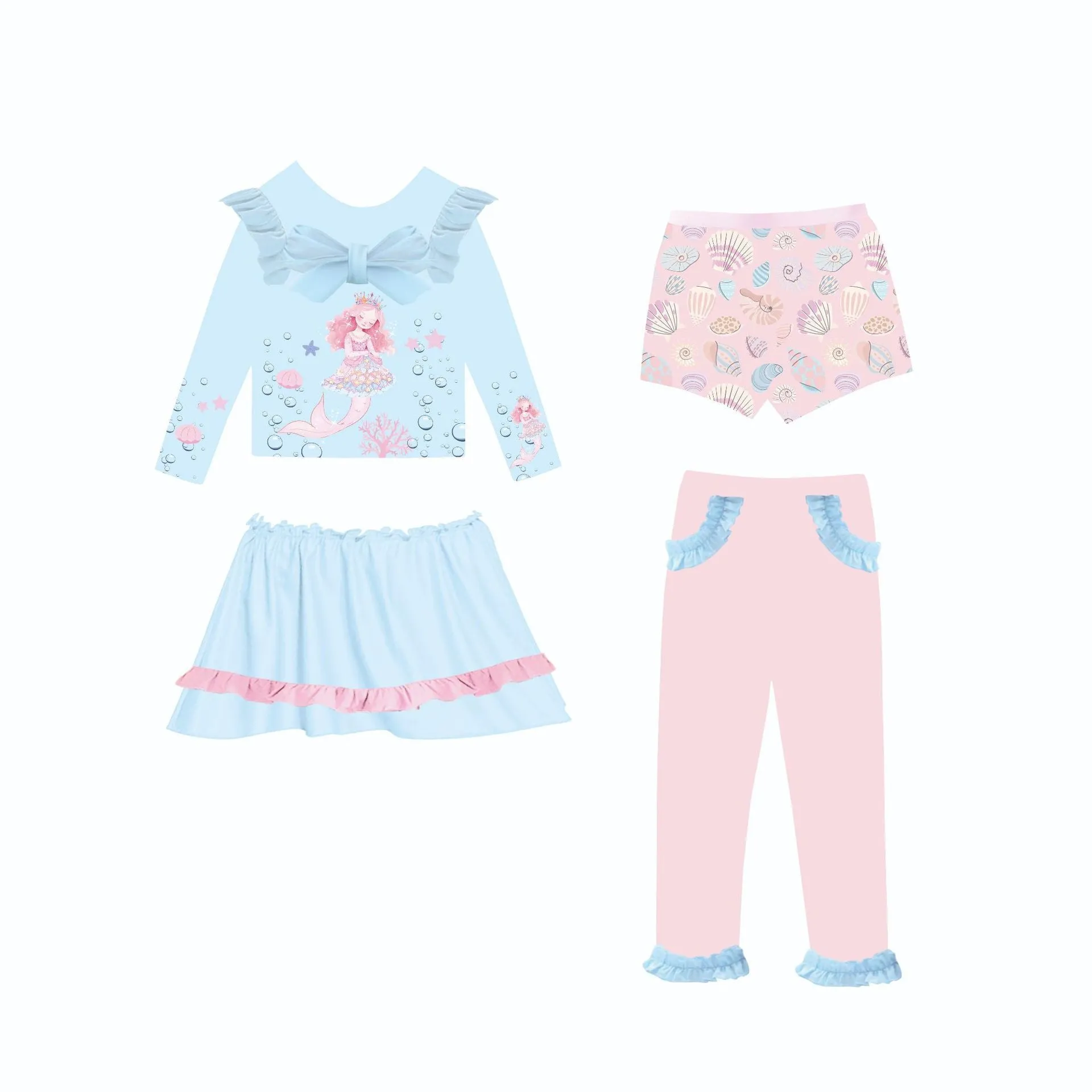 Girl's gilded mermaid swimsuit set with top, skirt, trousers, and shorts in various colours.