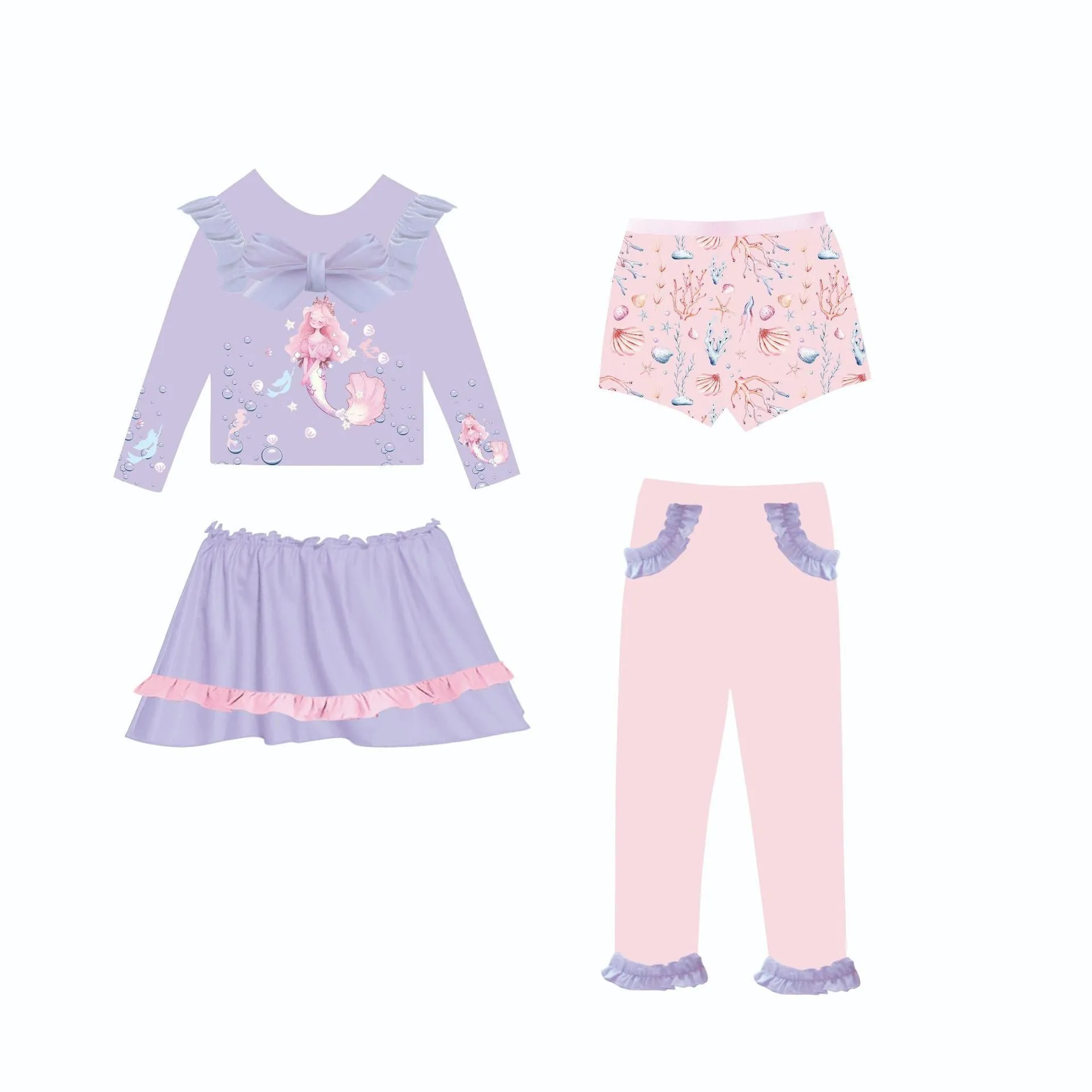 Girl's gilded mermaid swimsuit set with top, skirt, trousers, and shorts in various colours.