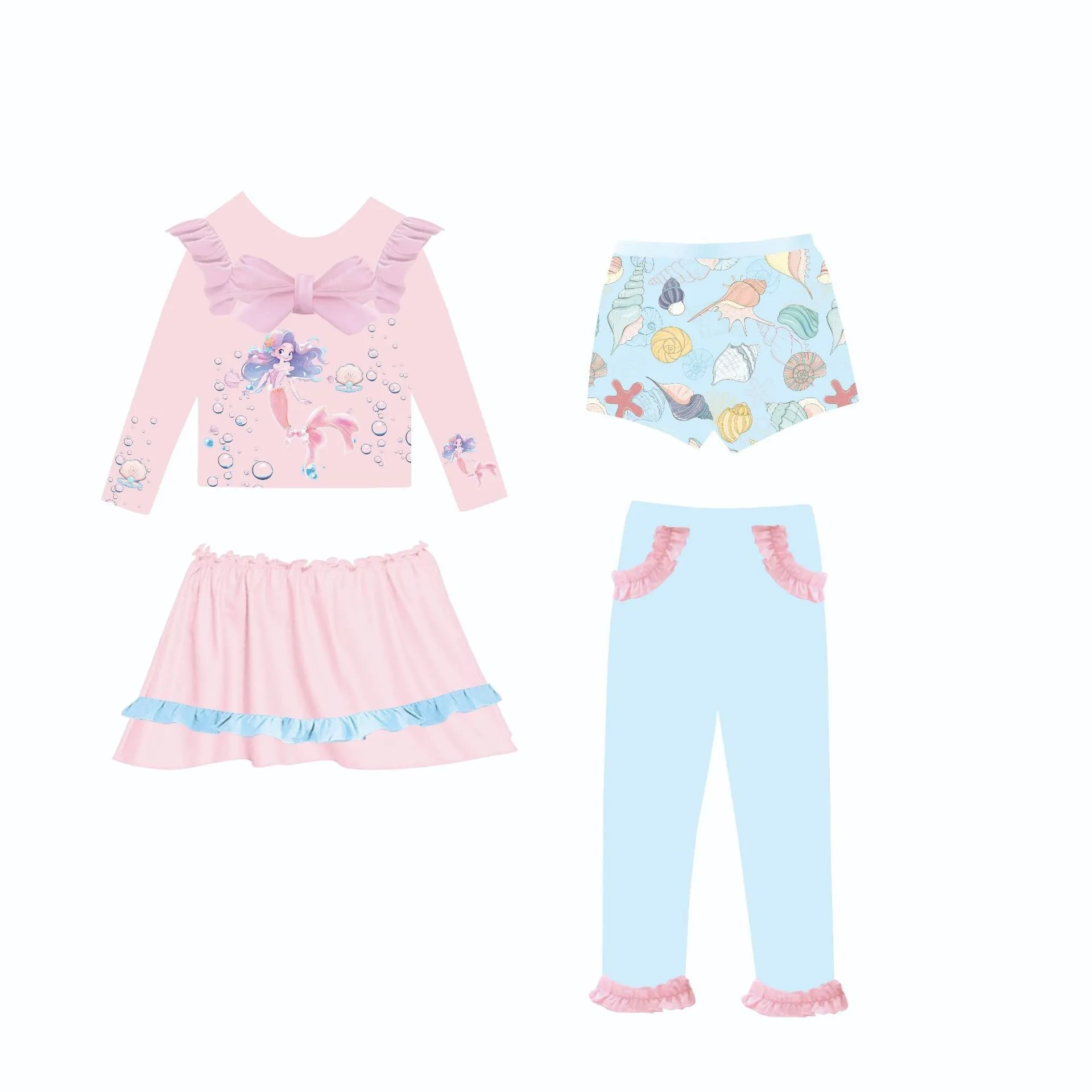 Girl's gilded mermaid swimsuit set with top, skirt, trousers, and shorts in various colours.