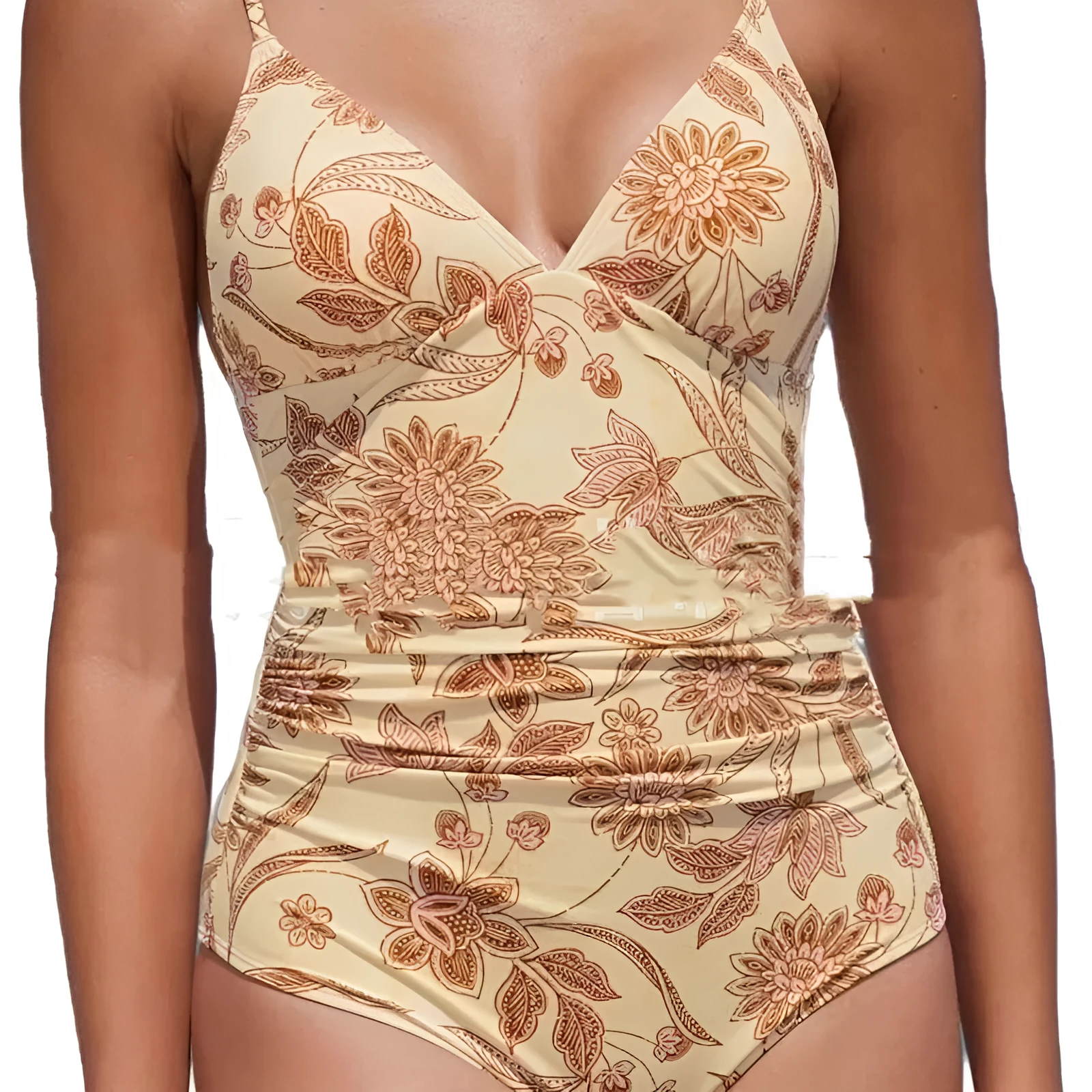 Skin colour one-piece V-neck push-up swimsuit with high waist and backless design for women