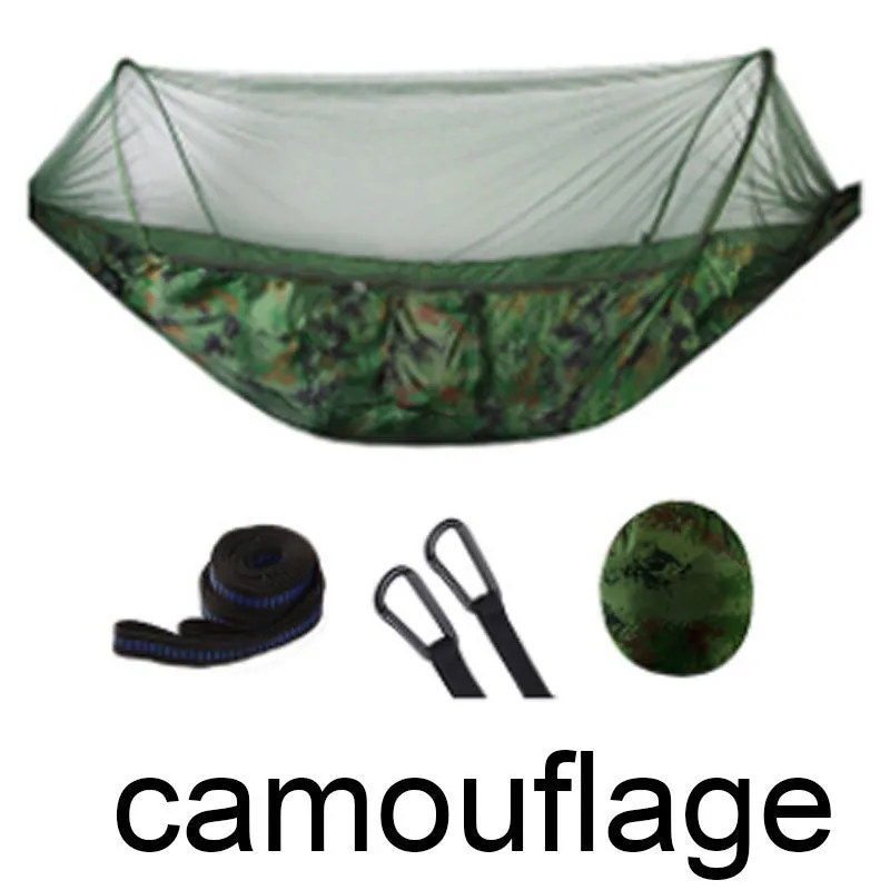 Double hammock bed 260x150cm in Army Green with mosquito-blocking mesh on a camping site
