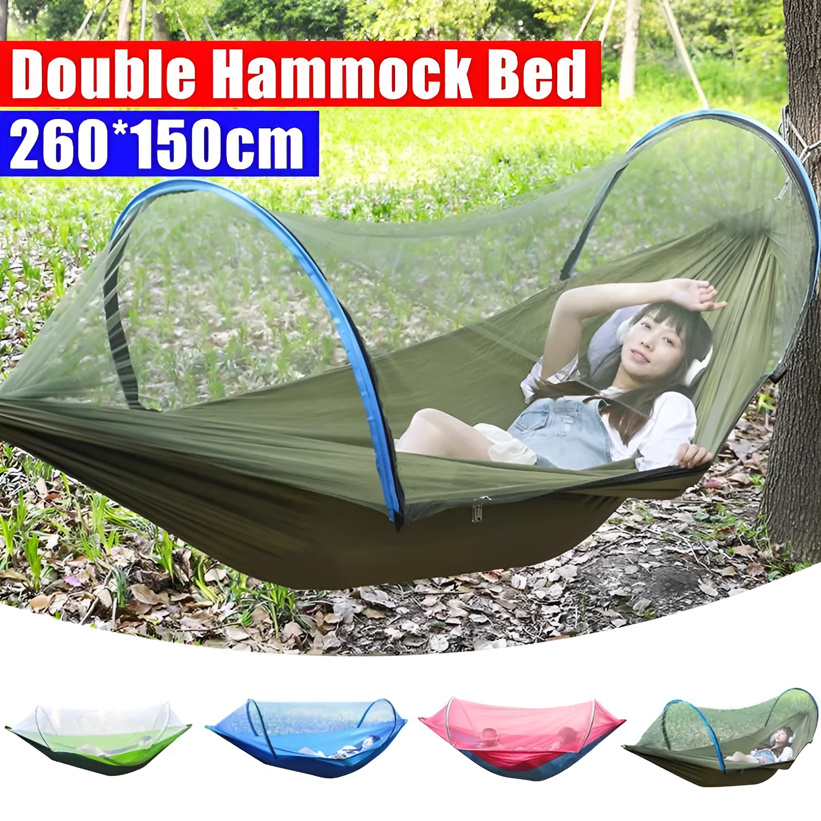 Double hammock bed 260x150cm in Army Green with mosquito-blocking mesh on a camping site